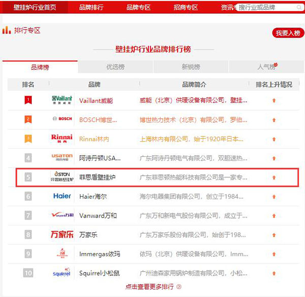 菲思盾壁掛爐十大品牌排名